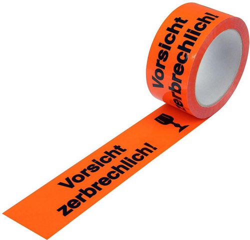 Warnklebeband Breite 50mm L.66m S.52µ PP leuchtorange Vorsicht zerbrechlich