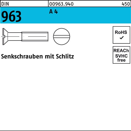 Senkschraube DIN 963 Schlitz M16x 45 A 4 1 Stück