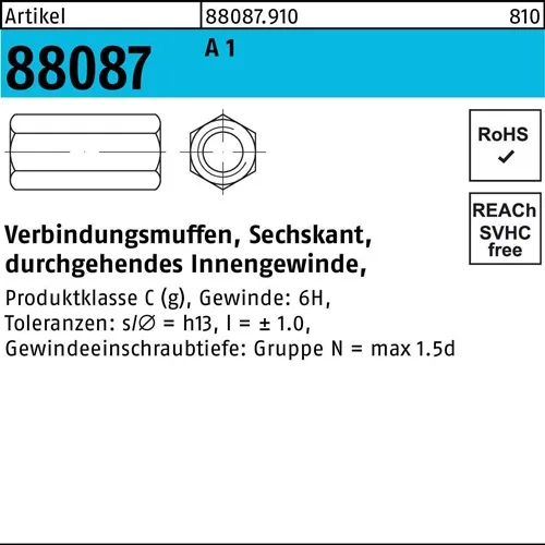 Sechskantverbindungsmuffe R 88087 M30x60 SW46 A1/1.4305 durchg. Innengew. 5St.