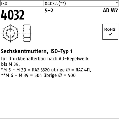 Sechskantmutter ISO 4032 M39 5-2 AD W7 5 Stück