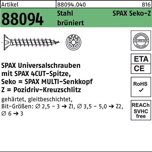Schraube R 88094 SEKO Spitze/PZ 3x12/10-Z Stahl brüniert 1000St. SPAX