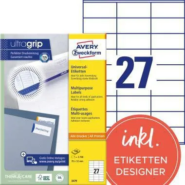 Avery Zweckform Universaletikett 3479 70x32mm weiß 2.700 St./Pack.