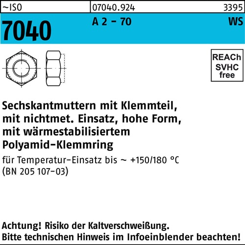 Sechskantmutter ISO 7040 Klemmteil M6 A 2 - 70 brauner Ring 100 Stück