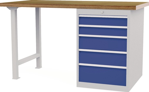 Werkbank B1500xT750xH859mm Buche-Multiplex lichtgrau/signalblau 5Schubl.
