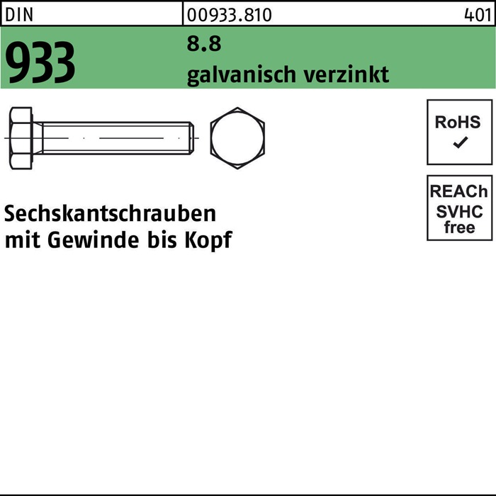 Sechskantschraube DIN 933 VG M4x 16 8.8 galv.verz. 500 Stück