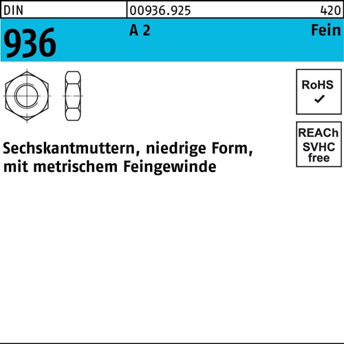 Sechskantmutter DIN 936 M10x 1 A 2 50 Stück