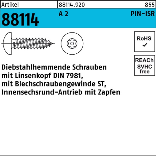 Schraube R 88114 diebstahlh. Liko ISR Zapfen 3,5x 25 A 2 100 Stück