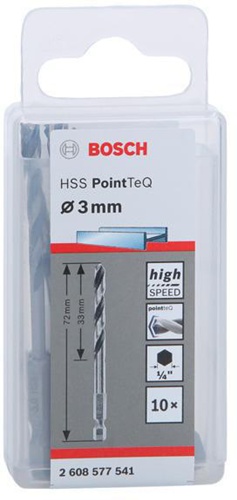 Bosch Spiralbohrer-Set PoinTeQ DIN338 10tlg.D.3mm Arbeits-L.33mm L.72mm HSS BohrertypN