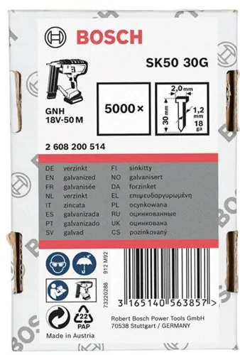 Bosch Senkkopfstift SK50 30G 5000-tlg.LxBxD.30x2x1mm verzinkt Drahtmaß 1,2mm