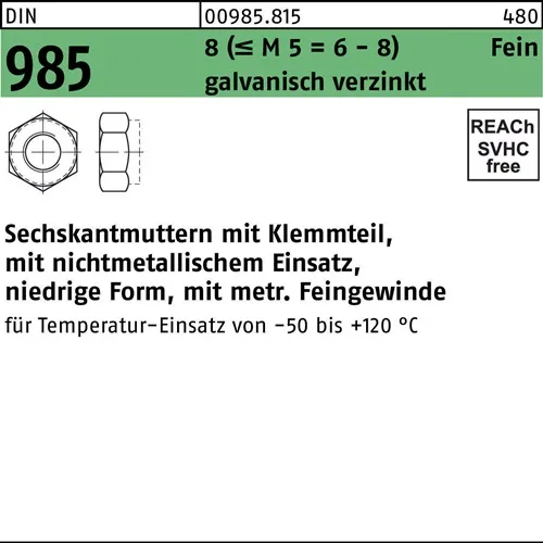 Sechskantmutter DIN 985 Klemmteil M18x1,5 8 (=M 5 = 6/8 ) galv.verz. 50St.