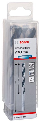 Bosch Metallspiralbohrer PointTeQ DIN388 Arbeits-L.75mm D.8,1mm Typ N 10St.