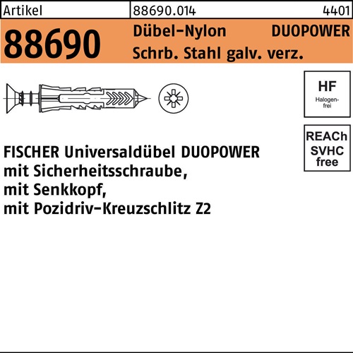 Dübel R 88690 SEKO-Schr. DUOPOWER 5x25 S Schr.verz./Dübel-Nylon 50St. FISCHER