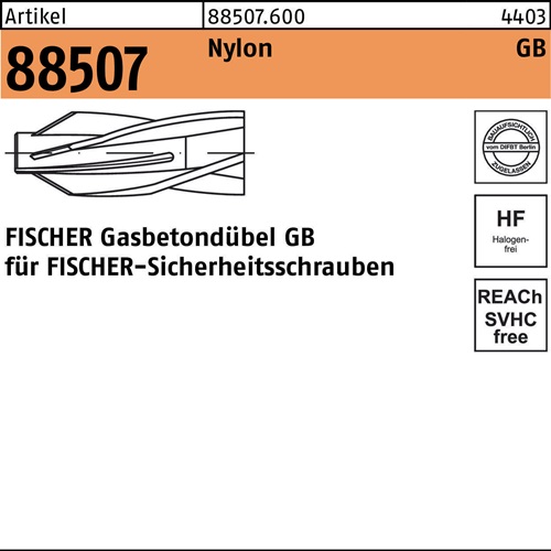 Gasbetondübel R 88507 GB 8x 50/5 Nylon 25Stück FISCHER