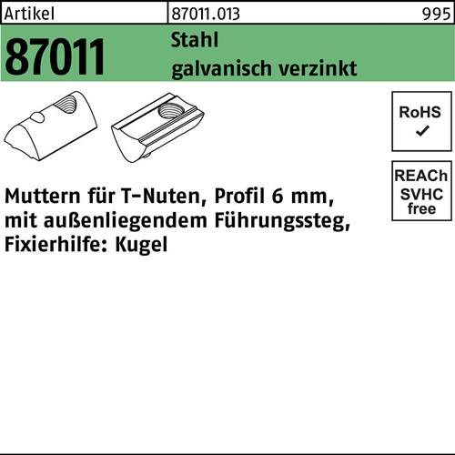 T-Nutenmutter R 87011 Führungssteg außen 6mm M6 Stahl galv.verz. 100St.