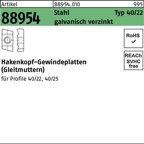 Hakenkopfgewindeplatte R 88954 Typ 40/22 M10 Stahl galv.verz. 100Stück
