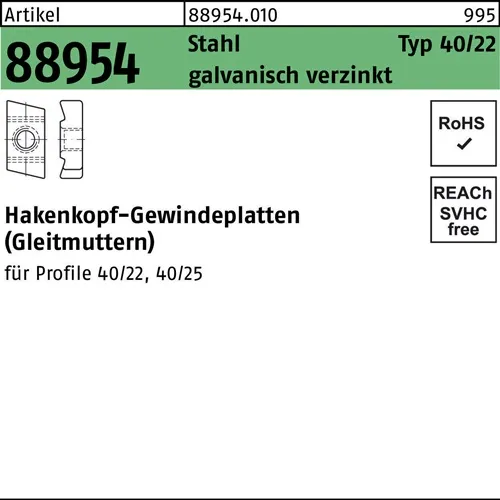 Hakenkopfgewindeplatte R 88954 Typ 40/22 M5 Stahl galv.verz. 100 Stück