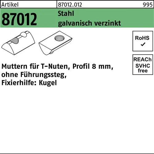 T-Nutenmutter R 87012 o.Führungssteg 8mm M8 Stahl galv.verz. 1000Stück
