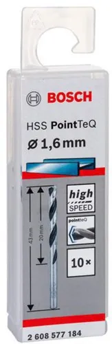 Bosch Metallspiralbohrer PointTeQ DIN388 Arbeits-L.20mm D.1,6mm Typ N 10St.