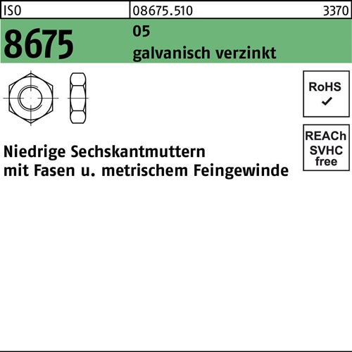 Sechskantmutter ISO 8675 Fasen M20x 1,5 5 galv.verz. 100 Stück