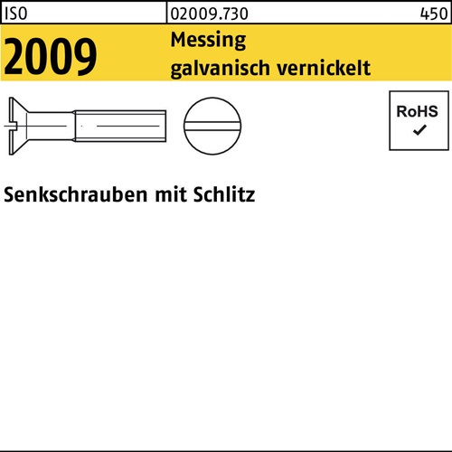 Senkschraube ISO 2009 Schlitz M5x 20 Messing galv. vernickelt 200 Stück