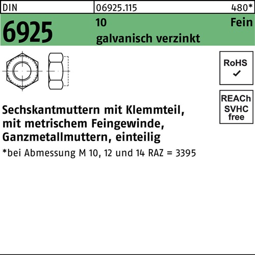 Sechskantmutter DIN 6925 Klemmteil M12x 1,5 10 galv.verz. 100 Stück