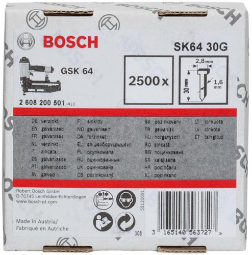 Bosch Senkkopfstift SK64 30G 2500-tlg.LxBxD.30x2,8x1,45mm verzinkt Drahtmaß 1,6mm