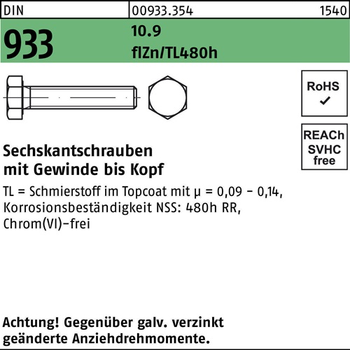 Sechskantschraube DIN 933 VG M6x35 10.9 zinkb. Gleitmittel flZnnc 480h-L 200St.