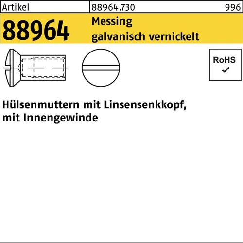 Hülsenmutter R 88964 Liko IG M4x 7 Messing galv. vernickelt 200 Stück