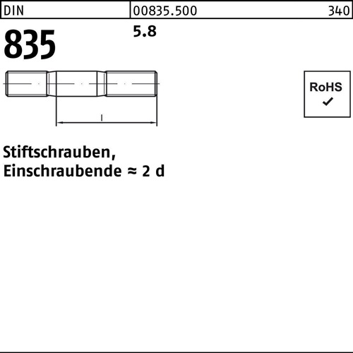 Stiftschraube DIN 835 M8x 80 5.8 Einschraubende=2d 100 Stück