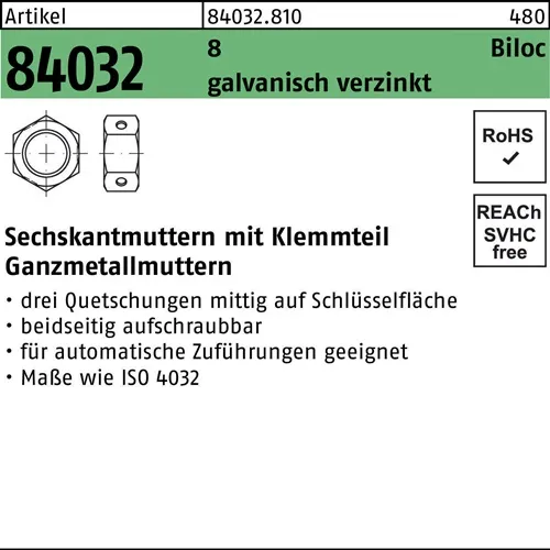Sechskantmutter R 84032 Biloc Klemmteil M10 8 galv.verz. 500 Stück