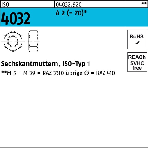 Sechskantmutter ISO 4032 M 33 A 2 10 Stück