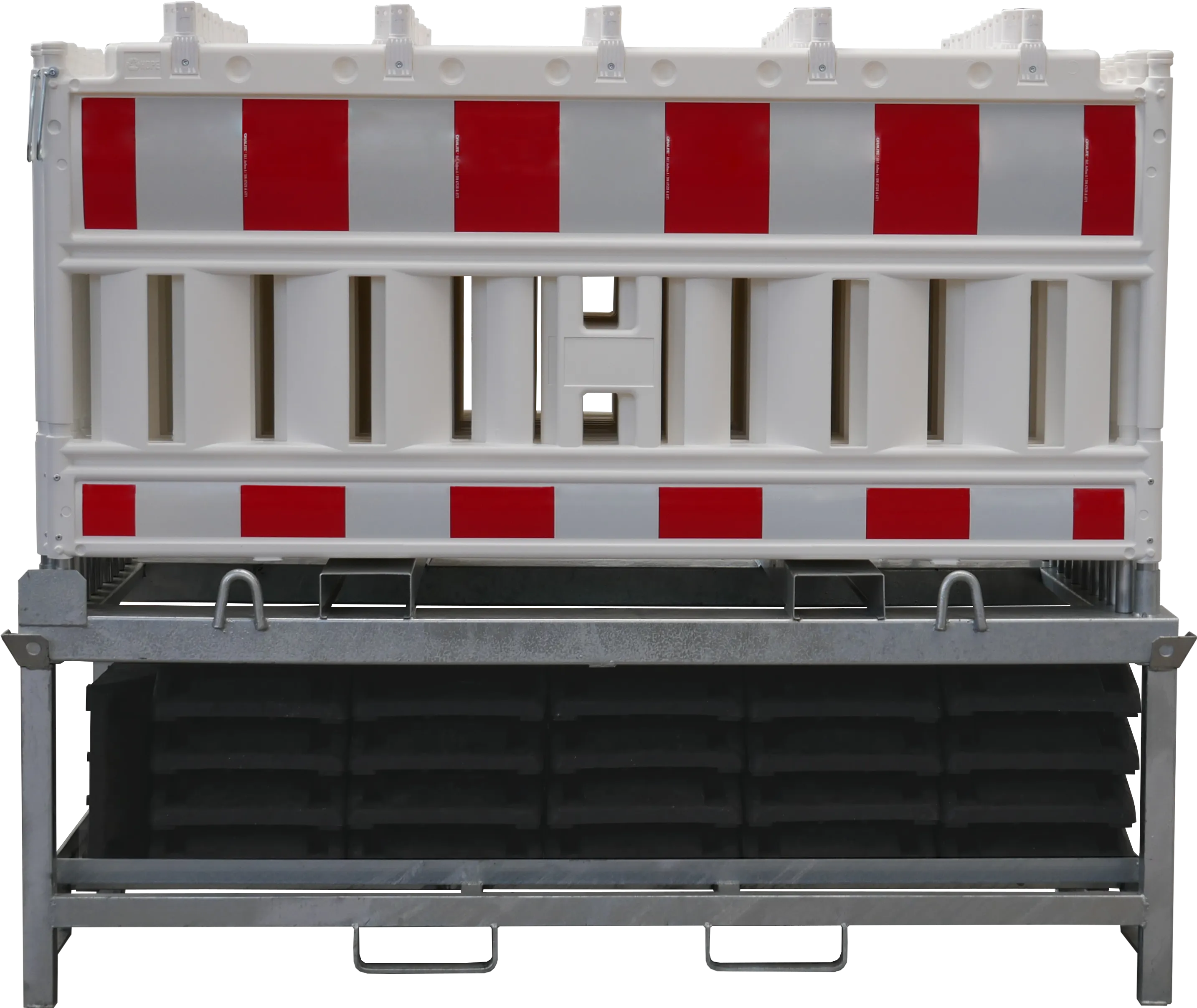 Schake SET mit 20 Absperrschrankengitter und 21 Fußplatten auf Lager- und Transporttraverse