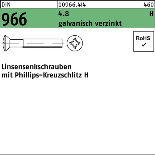 Linsensenkschraube DIN 966 Kreuzschlitz PH M6x12-H 4.8 galv.verz. 1000St.