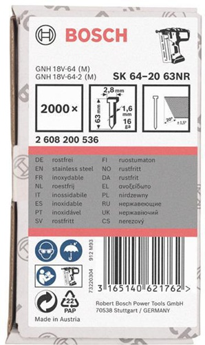 Bosch Senkkopfstift SK64-20 NR LxBxD 63x2,8x1,35mm Edelstahl Drahtmaß 1,6mm 2000erPack