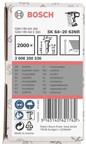 Bosch Senkkopfstift SK64-20 NR LxBxD 63x2,8x1,35mm Edelstahl Drahtmaß 1,6mm 2000erPack