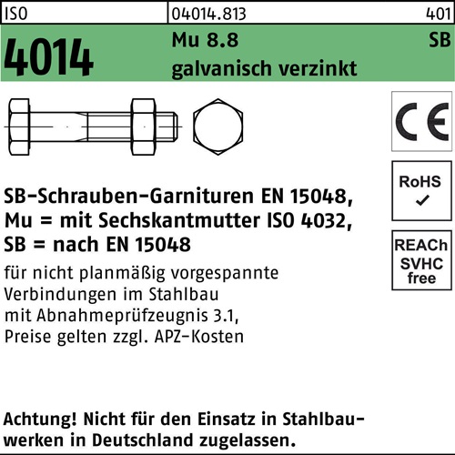 Sechskantschraube ISO 4014 Schaft/Mutter M12x110 Mu 8.8 galv.verz. SB 50St.