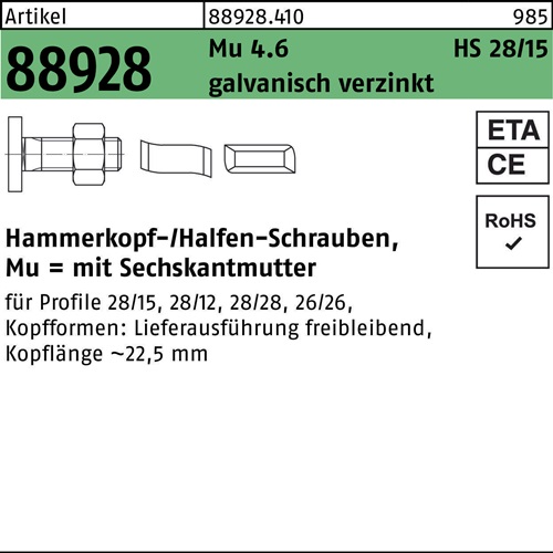 Hammerkopfschraube R 88928 28/15 6-ktmutter M10x60 Mu4.6 galv.verz. 100St HALFEN