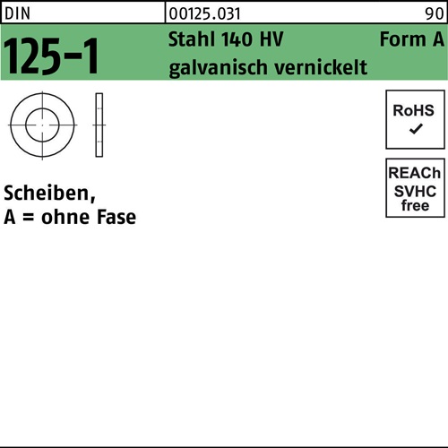 Unterlegscheibe DIN 125-1 A 6,4x12x1,6 Stahl 140 HV galv. vernickelt 1000St.