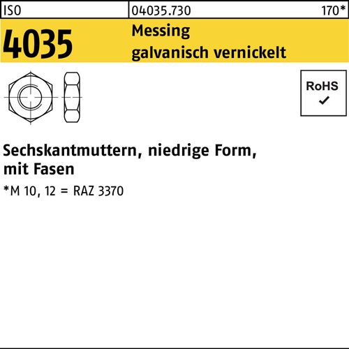 Sechskantmutter ISO 4035 niedrig Fasen M10 Messing galv. vernickelt 100St.