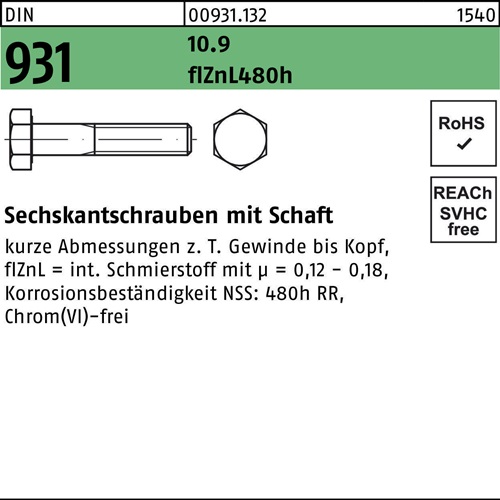 Sechskantschraube DIN 931 Schaft M16x 60 10.9 flZnL/nc/x/x/480h/C 50 Stück