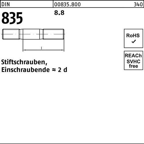 Stiftschraube DIN 835 M8x 35 8.8 Einschraubende=2d 100 Stück