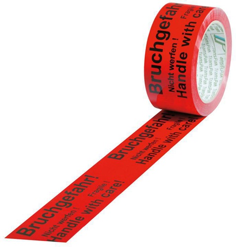 Kennzeichnungsband Breite 50mm L.66m S.52µ PVC rot Aufdruck Bruchgefahr TRANSPAK
