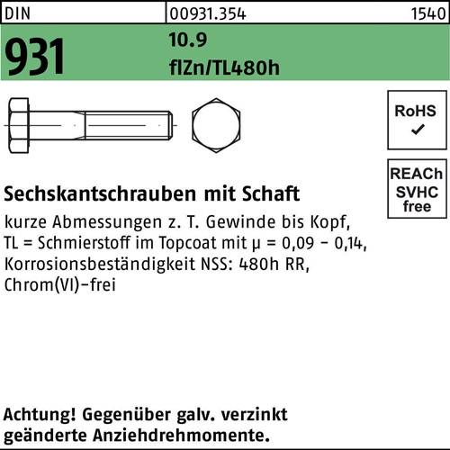 Sechskantschraube DIN 931 Schaft M8x75 10.9 flZnnc 480h-L 200St.