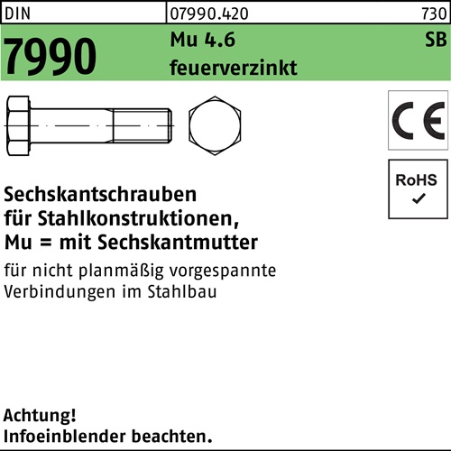 Sechskantschraube DIN 7990 CE Sechskantmutter M30x100 4.6 feuerverz. 1St.