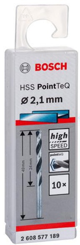 Bosch Metallspiralbohrer PointTeQ DIN388 Arbeits-L.24mm D.2,1mm Typ N 10St.