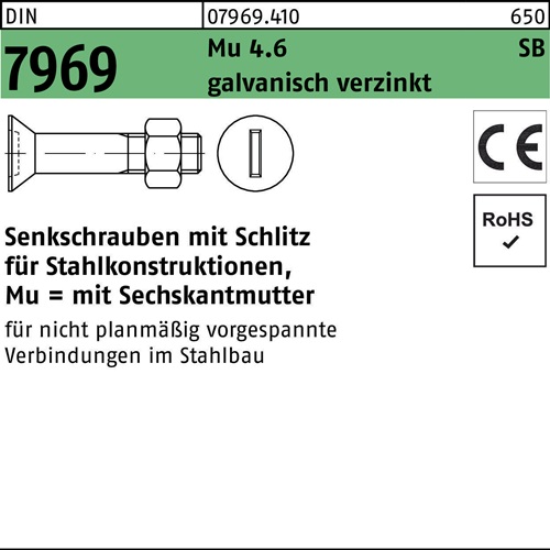 Senkschraube DIN 7969 Schlitz/Mutter M12x 65 4.6 galv.verz. 50Stück