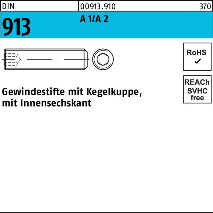 Gewindestift DIN 913 Kegelkuppe/Innen-6kt M6x 20 A 1/A 2 500 Stück