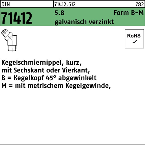 Kegelschmiernippel DIN 71412 FormB-M BM 10x1 SW11 5.8 galv.verz. 100St.