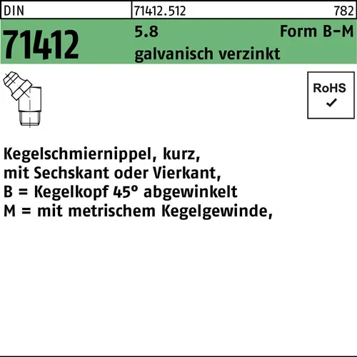 Kegelschmiernippel DIN 71412 FormB-M BM 10x1 SW11 5.8 galv.verz. 100St.