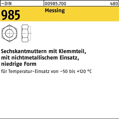Sechskantmutter DIN 985 Klemmteil M6 Messing 100 Stück